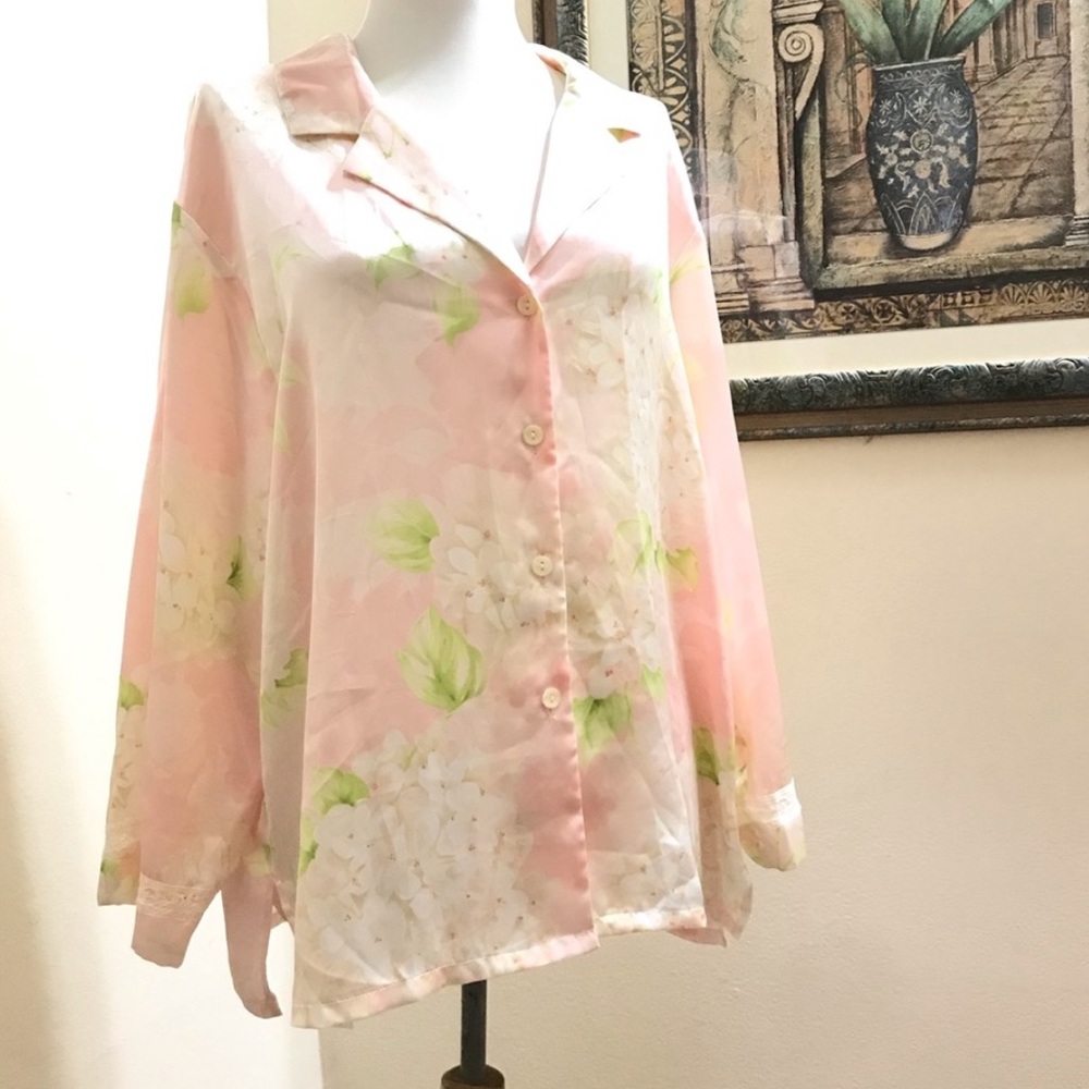 Oscar de la Renta Pajamas Top Long Sleeve Size L Floral Pink